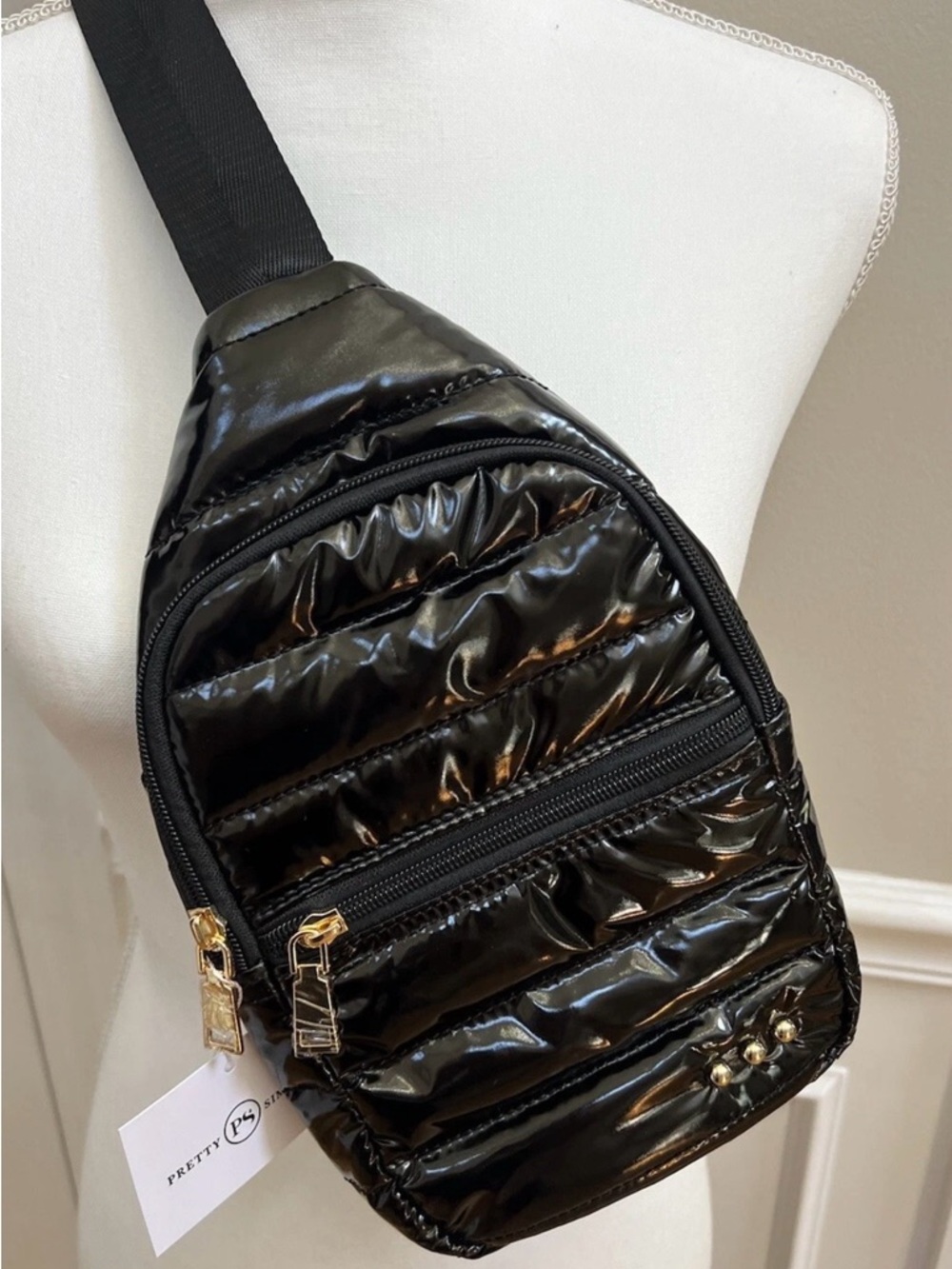 Black Quilted Patent Crossbody Sling Bag